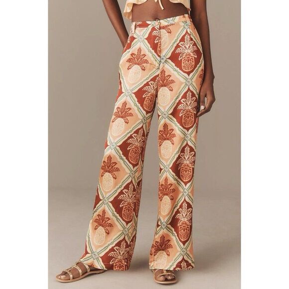 Farm Rio x Anthropologie Pineapple Satin Wide-Leg Pants Women’s Large L NWT $188 - Picture 1 of 12